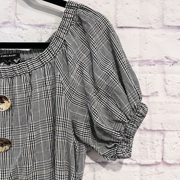 Zara Basic Size Small Plaid Off The Shoulder Puff Sleeve Mini Belted Dress - Picture 4 of 13